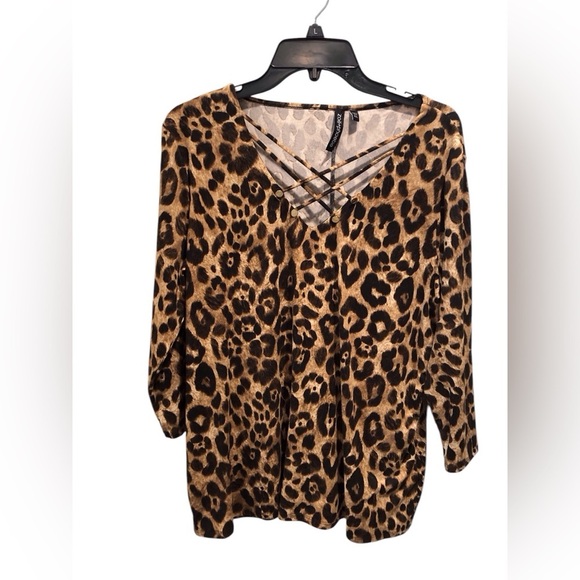 Zoe + Phoebe XL Tan Black Leopard Print Blouse Criss Cross Front Gold Buttons - Picture 1 of 4
